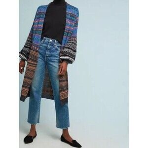 Nude Anthropologie Stripe Metallic Threaded Fair Isle Cardigan Multicolor Wool L